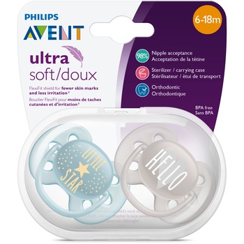 Set 2 suzete Philips-AVENT Ultra Soft SCF223/01, ultramoale si flexibila, pentru pielea sensibila a bebelusului, ortodontica, 6-18 luni, Albastru/Gri Set 2 suzete Philips-AVENT Ultra Soft SCF223/01, ultramoale si flexibila, pentru pielea sensibila a bebelusului, ortodontica, 6-18 luni, Albastru/Gri