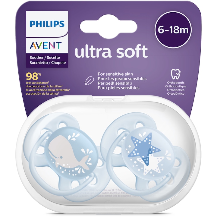Комплект от 2 залъгалки Philips-AVENT Ultra Soft SCF223/03, Ултра меки и гъвкави, За чувствителната бебешка кожа, Ортодонтични, 6-18 месеца, Син