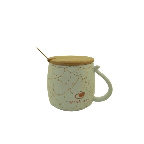 Set cana cu capac din bambus si lingurita, Alb-Auriu, Ceramica, 350 ml