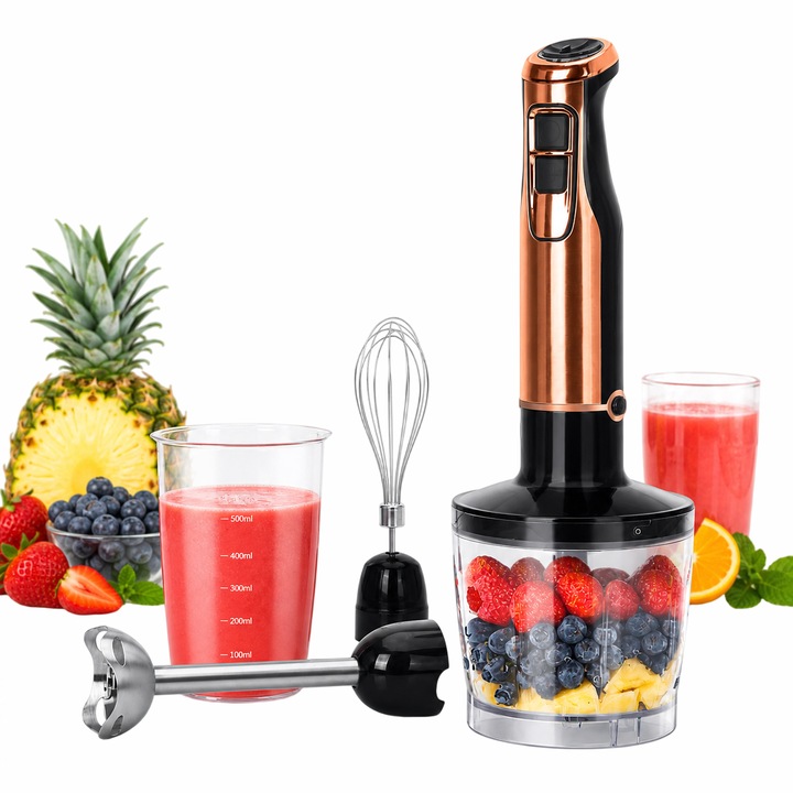 Set Blender de mana 4 in 1 Mix Master 30XQB, Lama din Otel inoxidabil, Capac anti-stropire,1000 W, 6 Viteze, Functie Turbo,15000 Rpm min, Cana 600 ml, Tocator 500 ml, Black