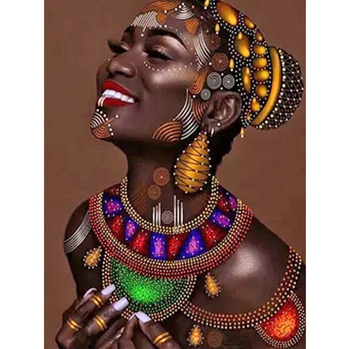 Set de creatie cu diamante 5D, 30 x 40cm, Model femeie africana, Multicolor