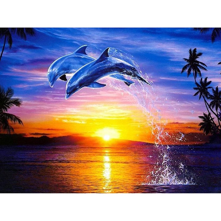 Set de creatie cu diamante 5D, 30 x 40cm, Model delfini, Multicolor