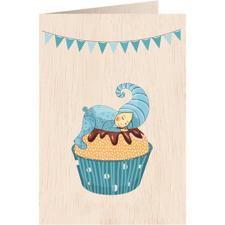 Felicitare Wooden Cupcake, Cozywood, Lemn, Maro/Albastru, 114x162 mm