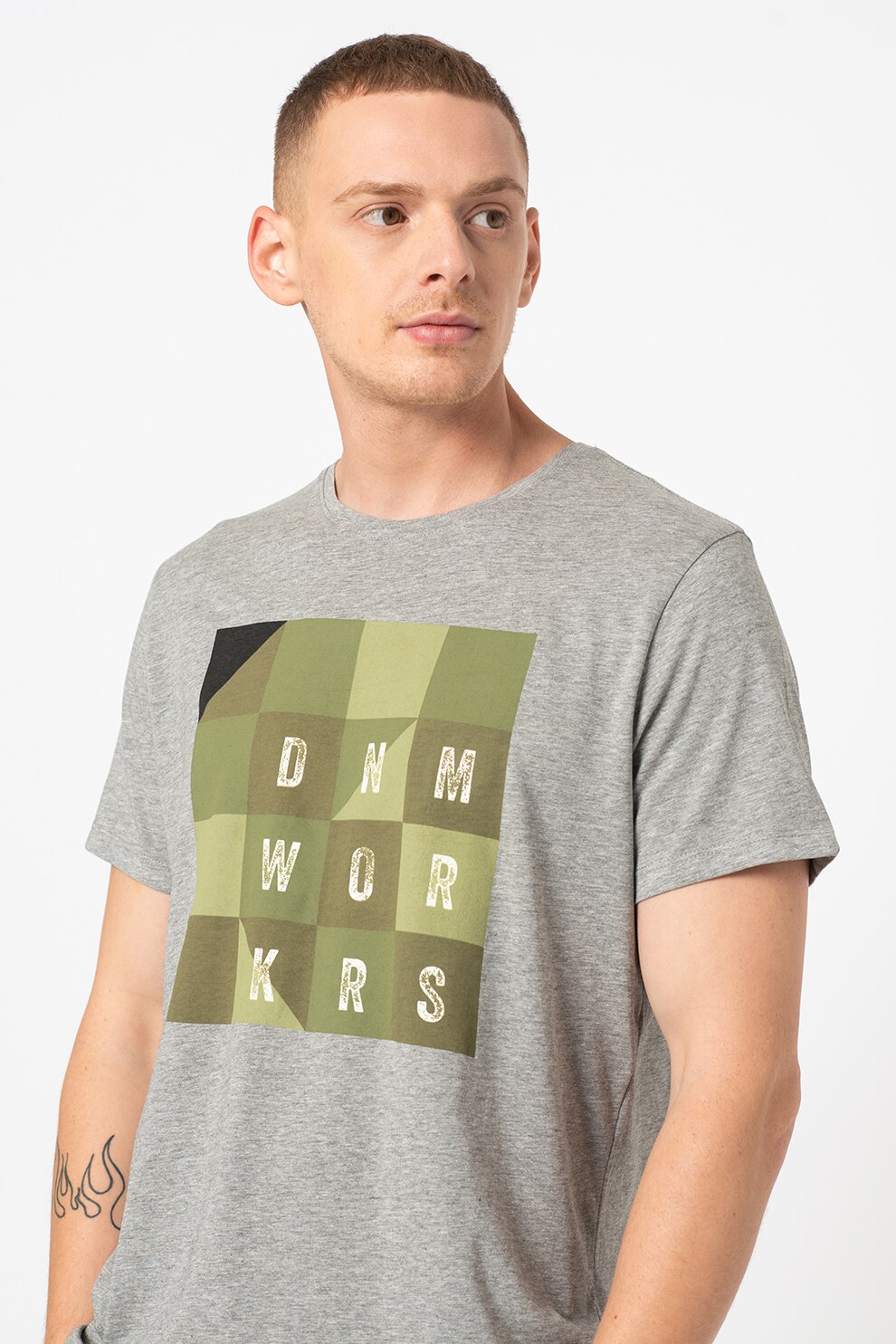 BLEND, Tricou de bumbac cu imprimeu, Gri melange