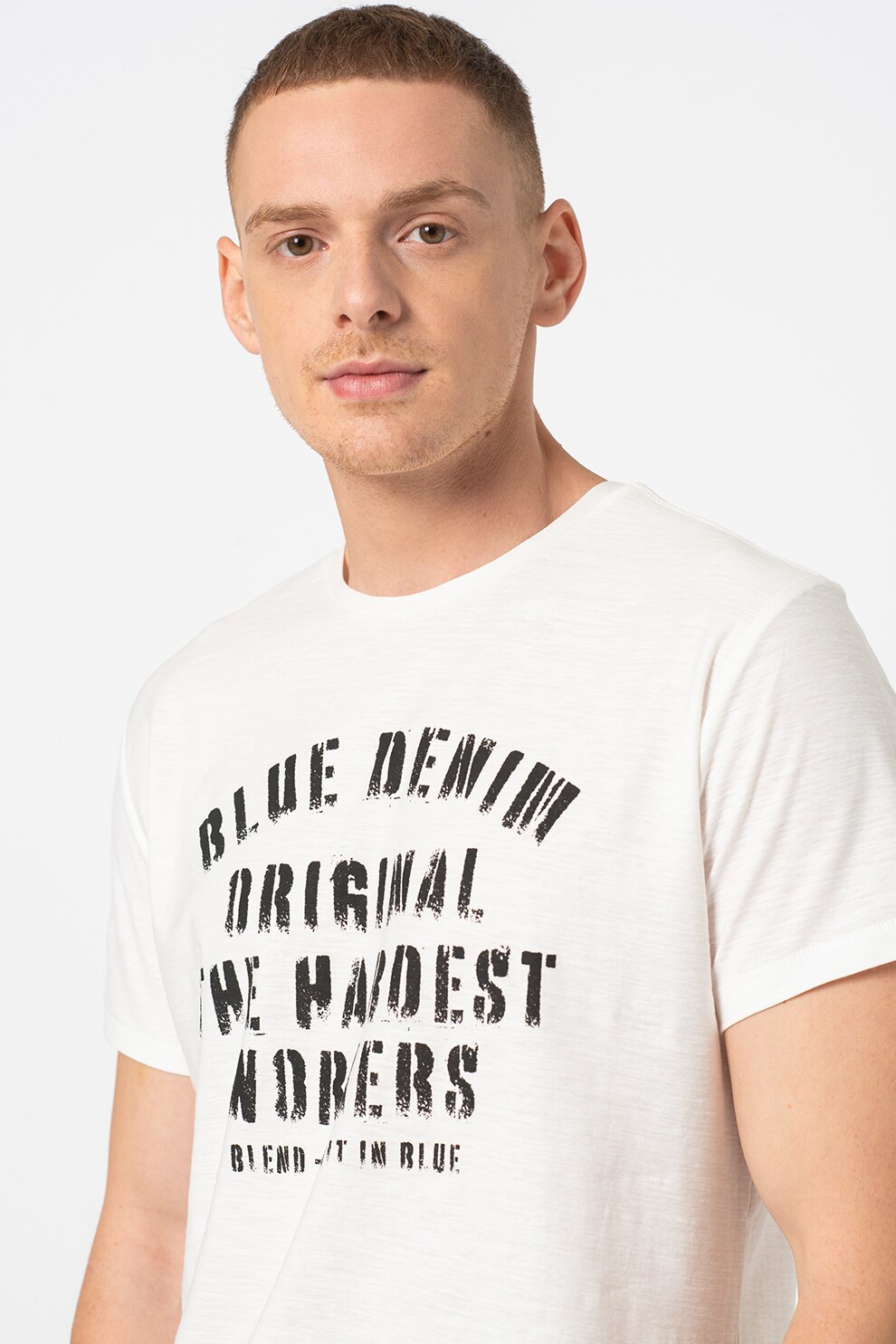 BLEND, Tricou cu decolteu la baza gatului si imprimeu text, Alb/Negru