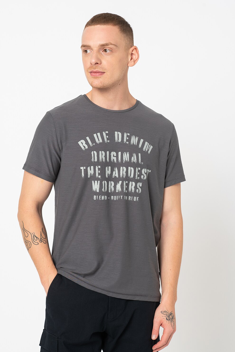 BLEND, Tricou cu decolteu la baza gatului si imprimeu text, Gri inchis