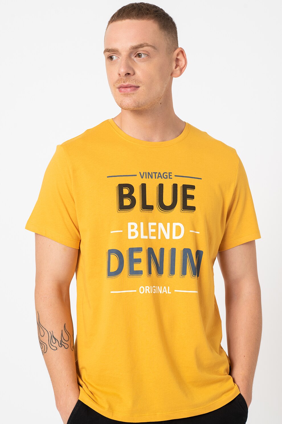 BLEND, Tricou de bumbac cu imprimeu text, Galben mustar