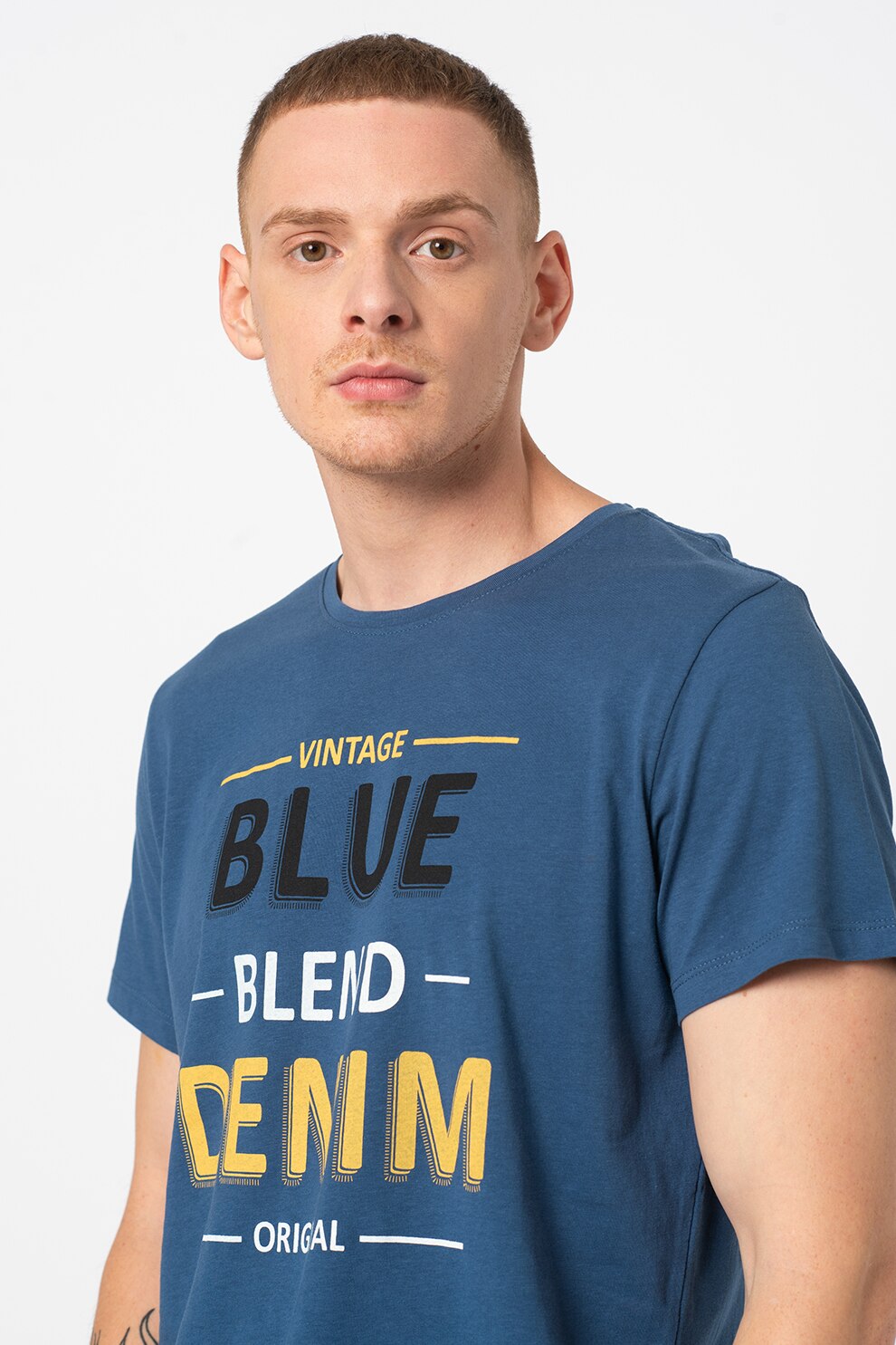 BLEND, Tricou de bumbac cu imprimeu text, Bleumarin