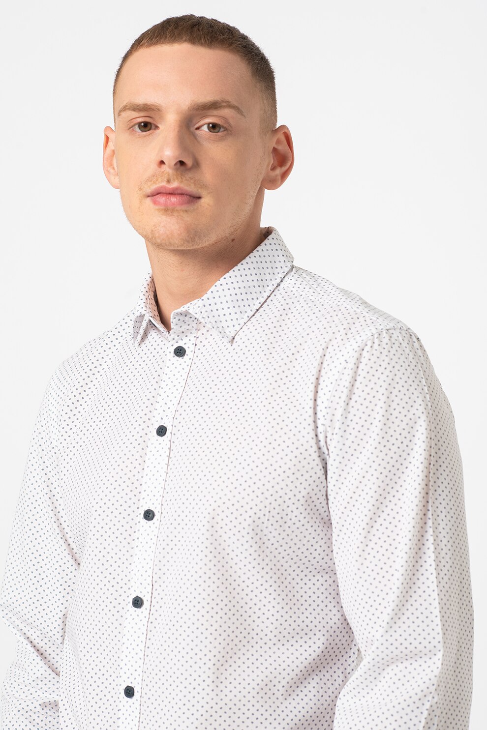 BLEND, Camasa de bumbac cu maneci lungi, Alb/Bleumarin