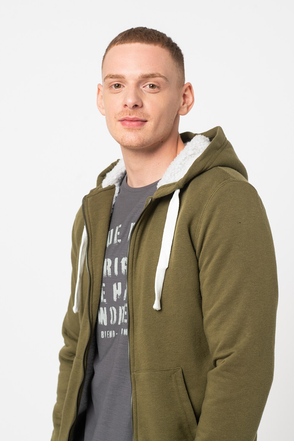 BLEND, Hanorac cu fermoar si captuseala de blana shearling sintetica, Verde oliv