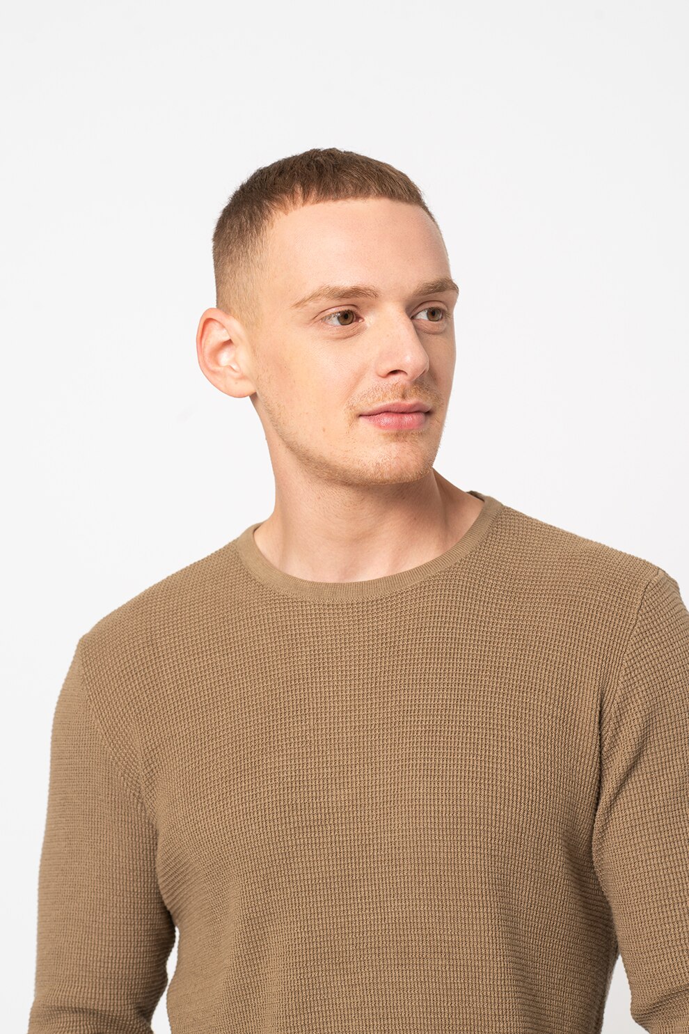 BLEND, Pulover texturat cu decolteu la baza gatului, Maro