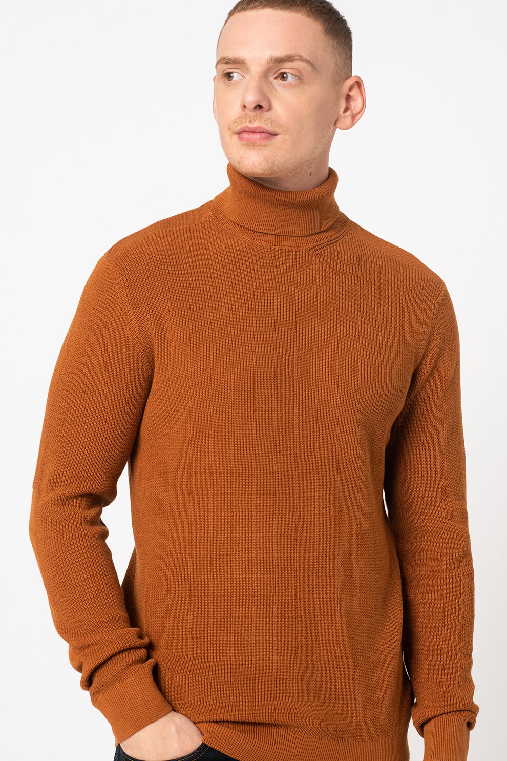BLEND, Pulover cu model uni si guler inalt, Oranj mandarina