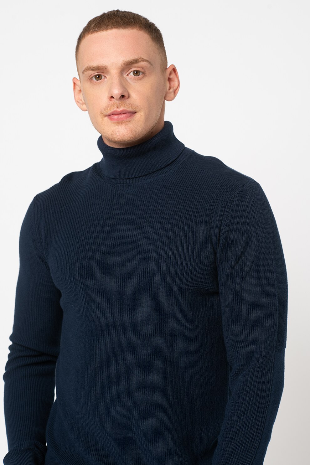 BLEND, Pulover cu model uni si guler inalt, Bleumarin