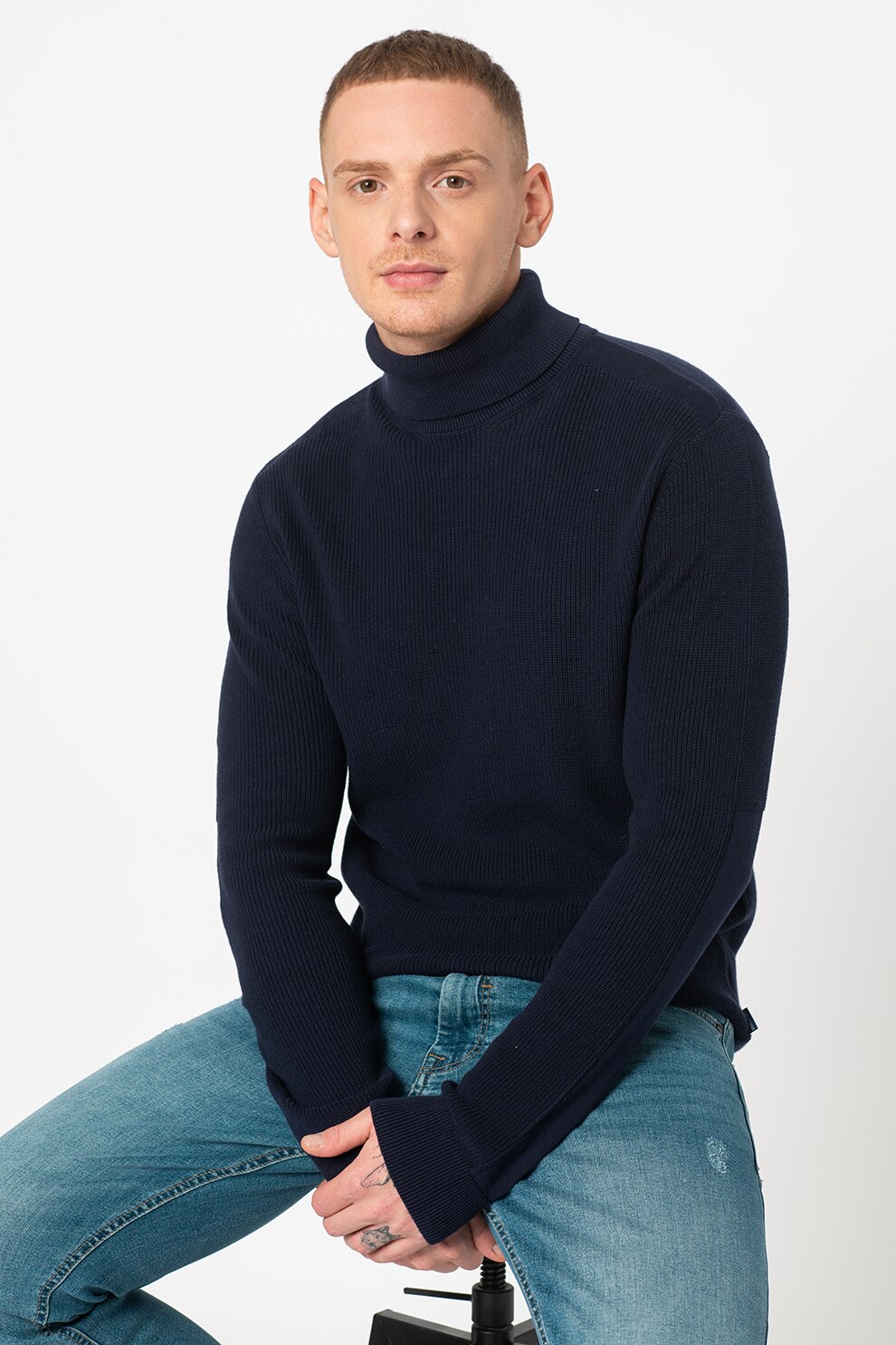 BLEND, Pulover cu model uni si guler inalt, Bleumarin inchis