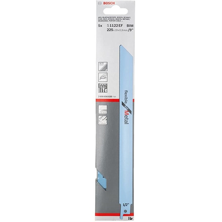 Set 5 panze pentru fierastrau sabie, Bosch S1122EF Flexible for Metal, 225mm, 18 TPI