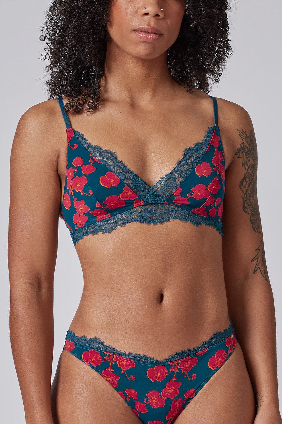 Skiny, Sutien cu modal floral si insertii de dantela, Albastru/Rosu
