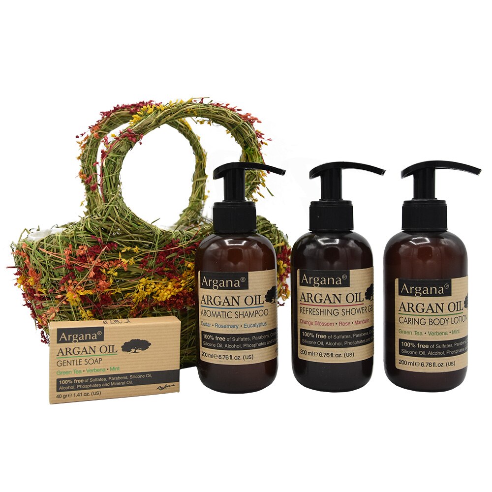 Cos cadou floral cu Sampon cu ulei de argan 200 ml, Gel de dus cu ulei de argan 200 ml, Lotiune de corp cu ulei de argan 200 ml, Sapun cu ulei de argan 40 gr