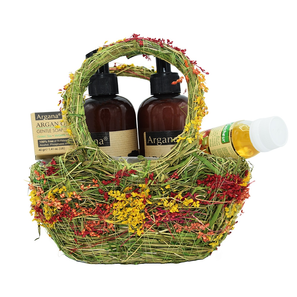 Cos cadou floral cu Sampon cu ulei de argan 400 ml, Balsam pentru par cu ulei de argan 400 ml ,Sapun cu ulei de argan 40 gr, Selectie 10 uleiuri 60 ml