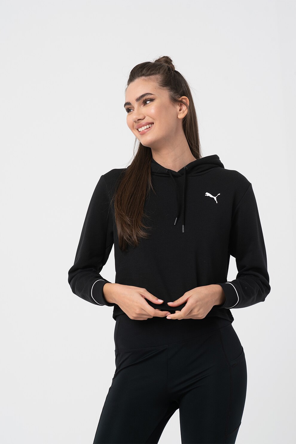 Puma, Hanorac crop cu imprimeu logo pe partea din spate, Negru/Alb