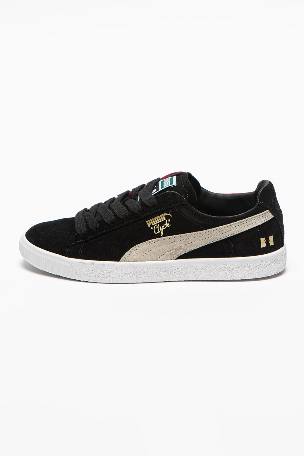 Puma, Pantofi sport de piele intoarsa cu detalii contrastante Clyde, Negru/Violet tyrian/Albastru