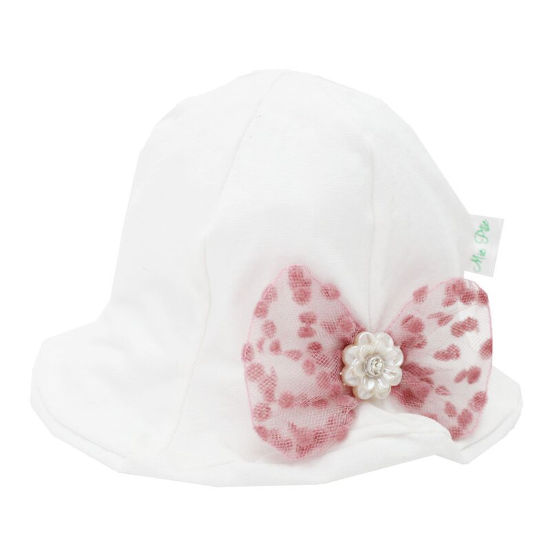 Palarie bumbac, ivory, cu fundita roz