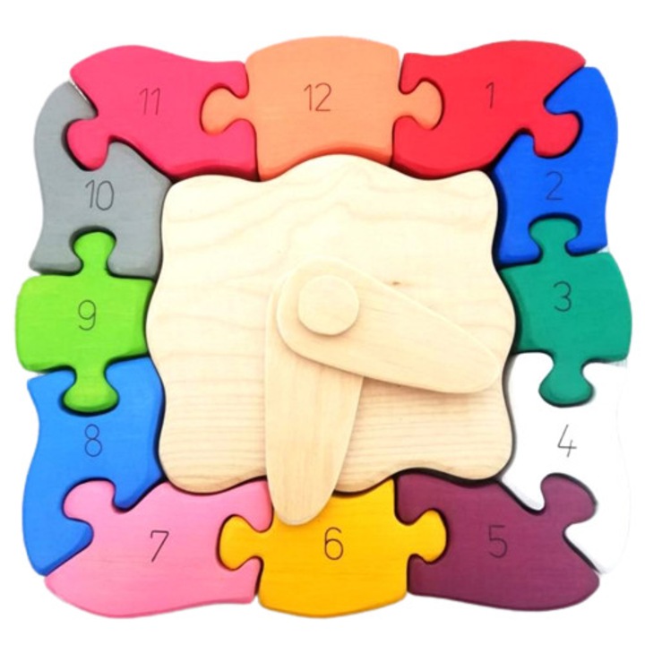 Puzzle, Ceas, Lemn, Handmade, 13 piese