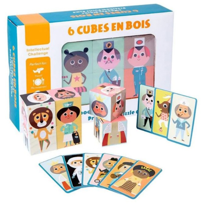 Set 6 cuburi puzzle din lemn Meserii Cubes en Bois