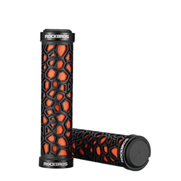Mansoane aderente ghidon, Rockbros, 2017-14A, TPR/Aluminiu, 138 x 29 mm, Negru/Portocaliu