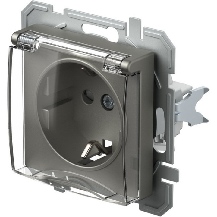 Priza simpla schuko cu capac transparent, titan, fara rama