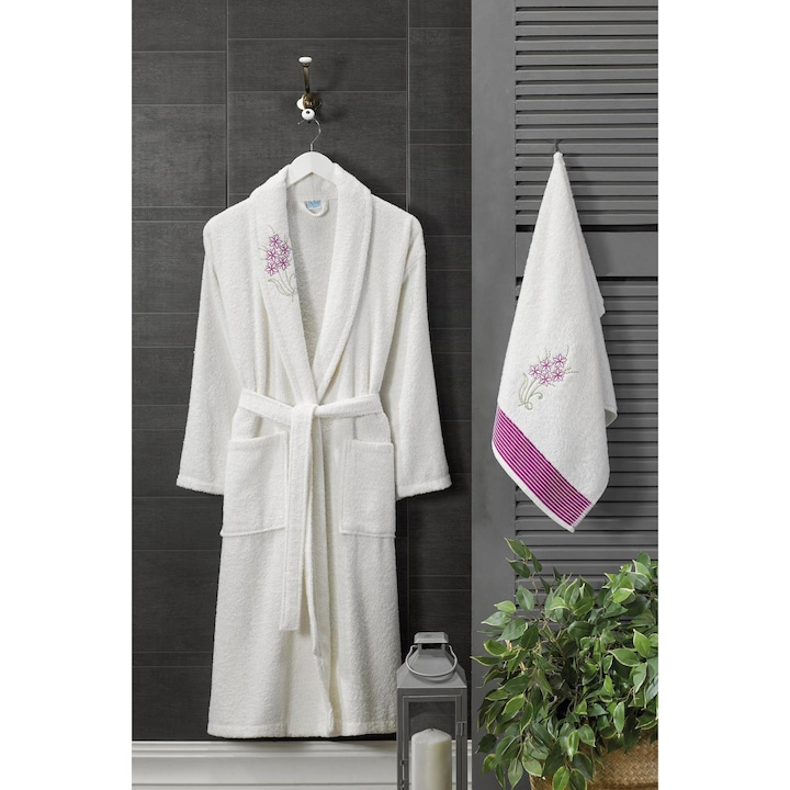 Комплект за баня Oyo Concept, Халат S/M, Кърпа 50x80 см, 100% памук, Бял, Модел Цветя
