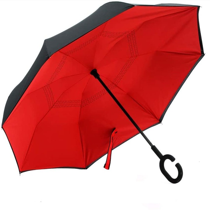 Umbrela inversa, Flyme, Dublu strat cu maner in forma de C, Anti-UV, Rosu