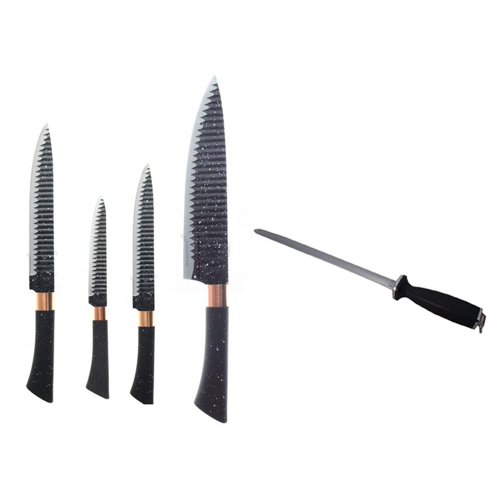 Set 4 cutite de Bucatarie si un Masat pentru ascutirea acestora, Metal si Plastic