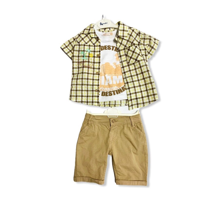 Compleu baieti din trei piese, bumbac, crem, Bej/Crem