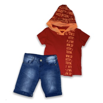 Compleu baieti bumbac, tricou cu gluga rosu, Albastru / Rosu Compleu baieti bumbac, tricou cu gluga rosu, Albastru / Rosu