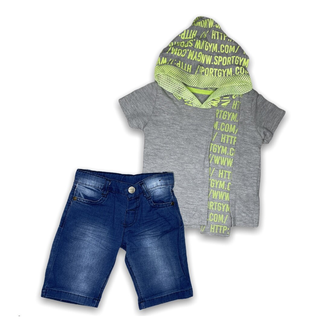 Compleu baieti bumbac, tricou cu gluga, 92 cm