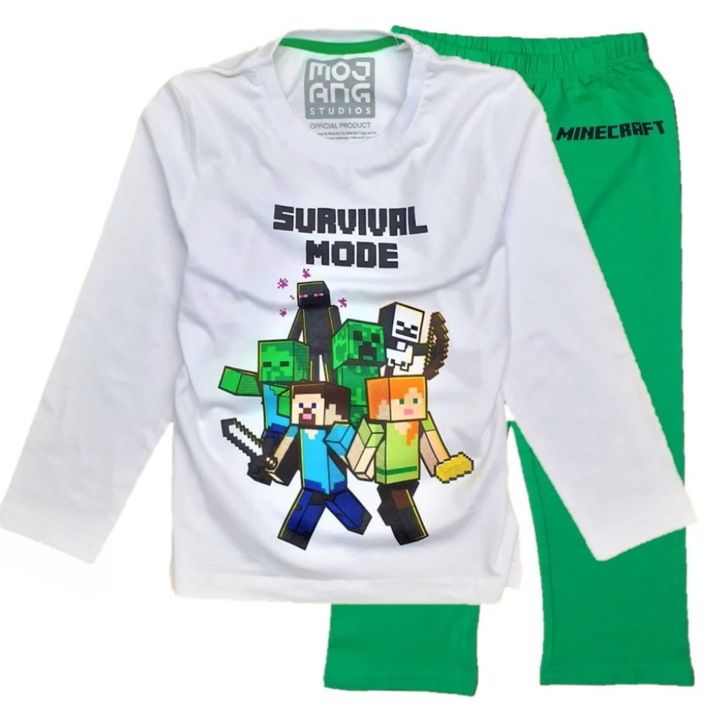 Pijama Minecraft Mojang Survival Mode, maneca lunga, alb/verde