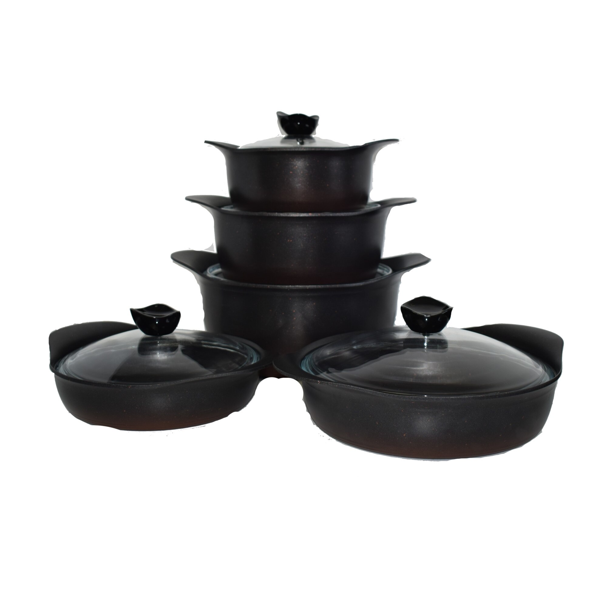 Set oale 10 piese 3 oale, 1 tigaie mare, 1 tigaie mica, 5 capace din sticla rezitenta la socuri si caldura, fabricate din materiale naturale granit, antiaderente