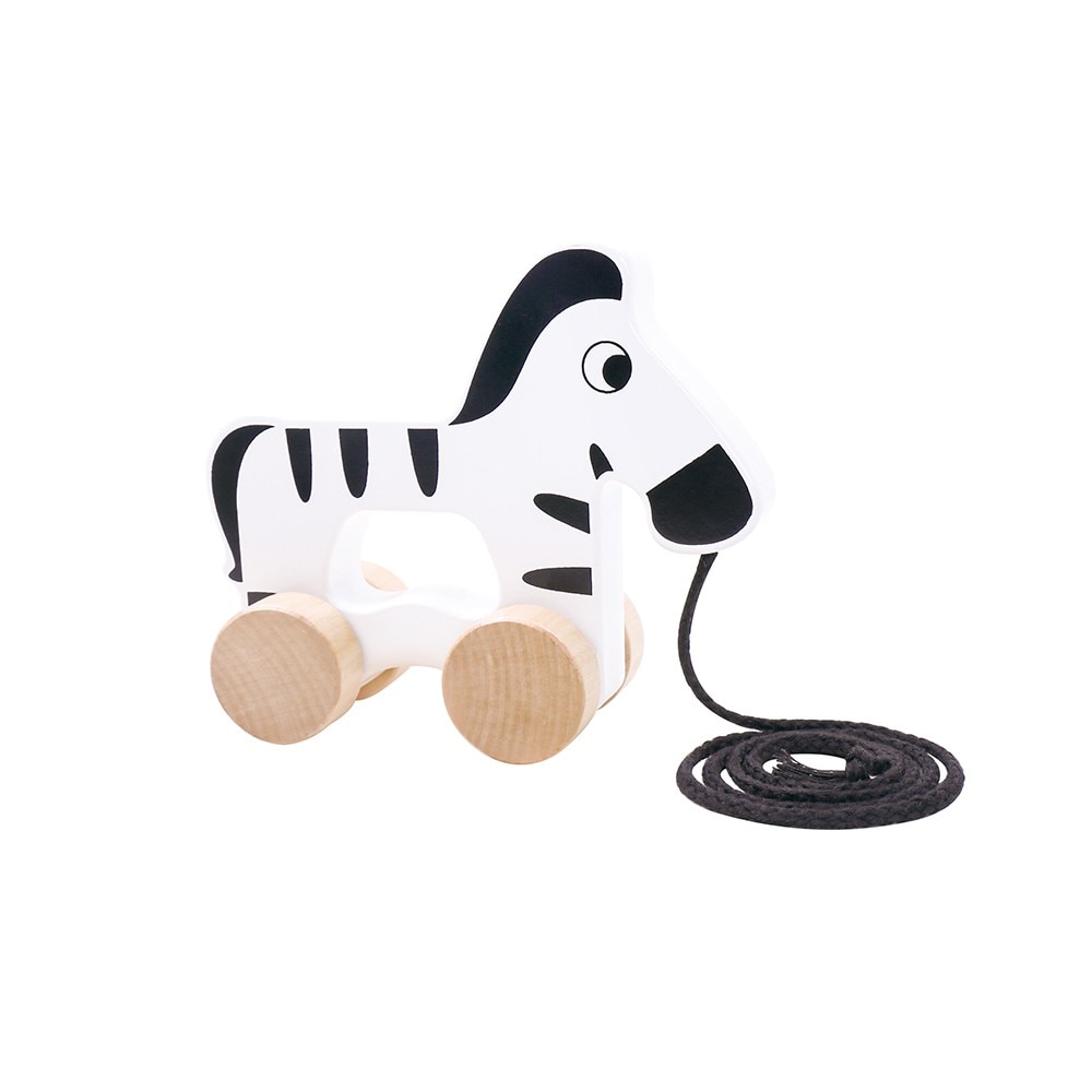 Jucarie educativa de tras din lemn masiv NOVOKIDS™ My first Tiny Zebra, Cu roti, Motricitate , Cu sfoara de tractare, Materiale Eco, Alb cu Negru