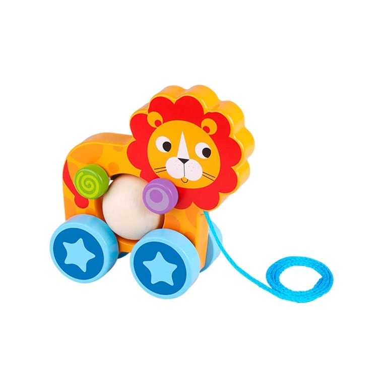 Jucarie educativa de tras din lemn masiv NOVOKIDS™ My first Tiny Lion, Cu roti, Motricitate , Cu sfoara de tractare, Materiale Eco, Galben