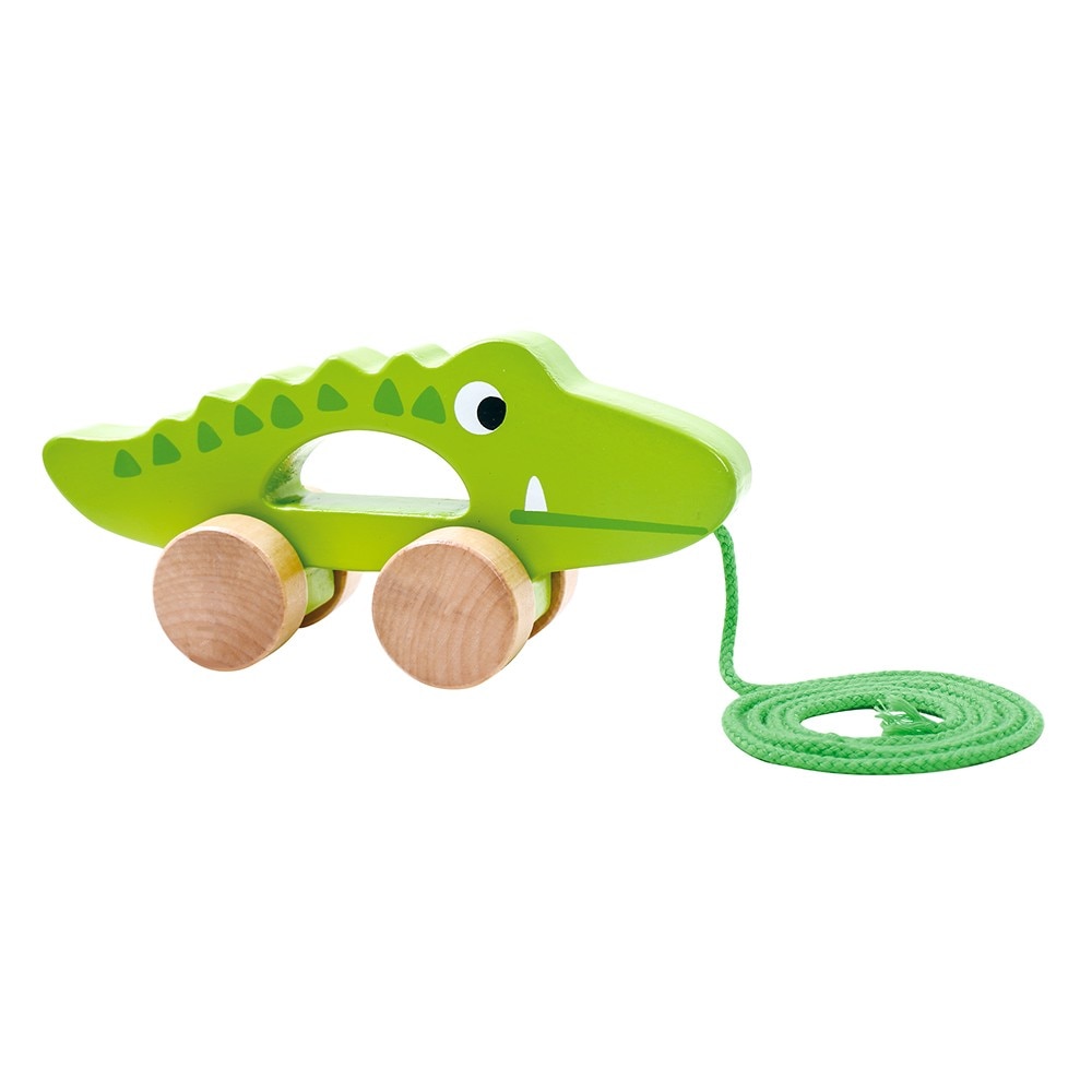 Jucarie educativa de tras din lemn masiv NOVOKIDS™ My first Tiny Crocodile, Cu roti, Motricitate , Cu sfoara de tractare, Materiale Eco, Verde