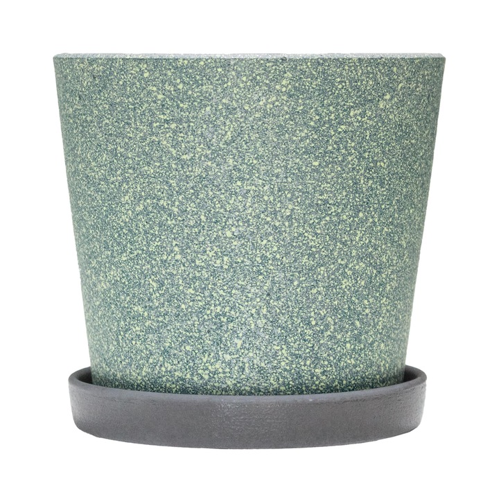 Ghiveci din beton si ceramica cu farfurie Grillage Cone Verde-Smarald, cu diametrul de 14.5 cm