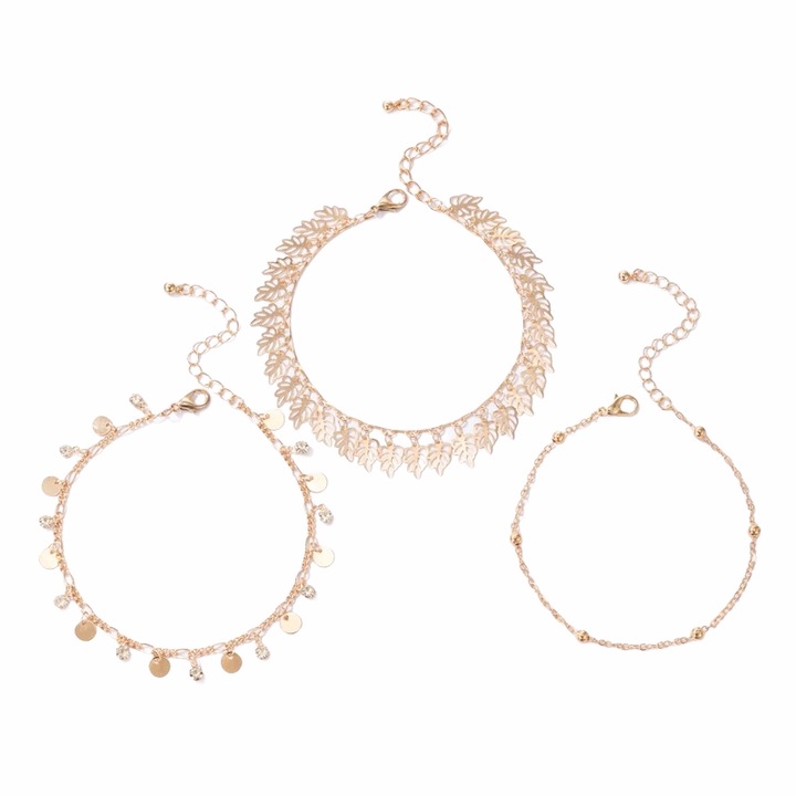 Set 3 bratari de picior, aurii, cu pietre si banuti, Alena C3, Pursehuit