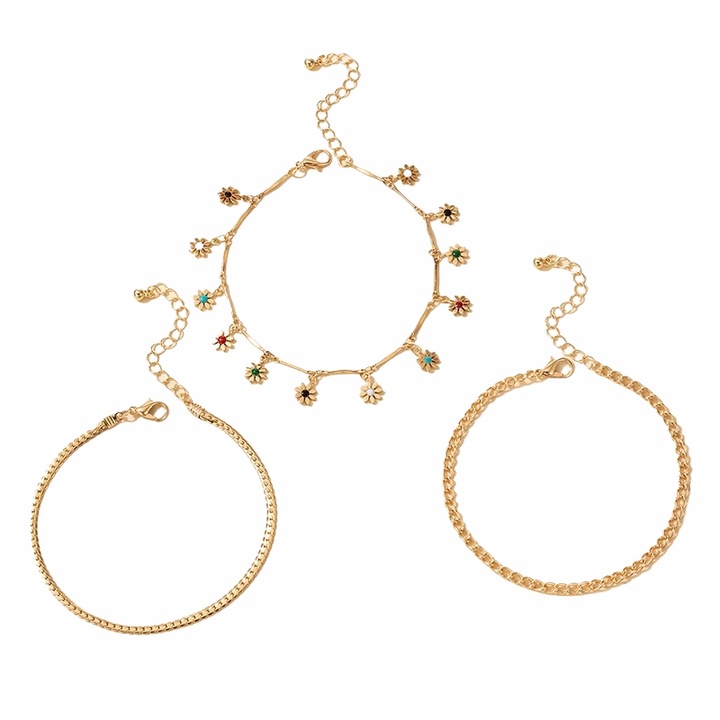 Set 3 bratari de picior, aurii, cu floricele si pietre colorate, Akim C1, Pursehuit