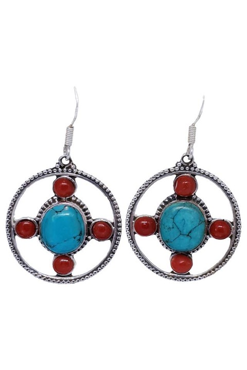 Cercei dama, Argint 925, cu Turcoaz si Coral naturale, 4.5cm