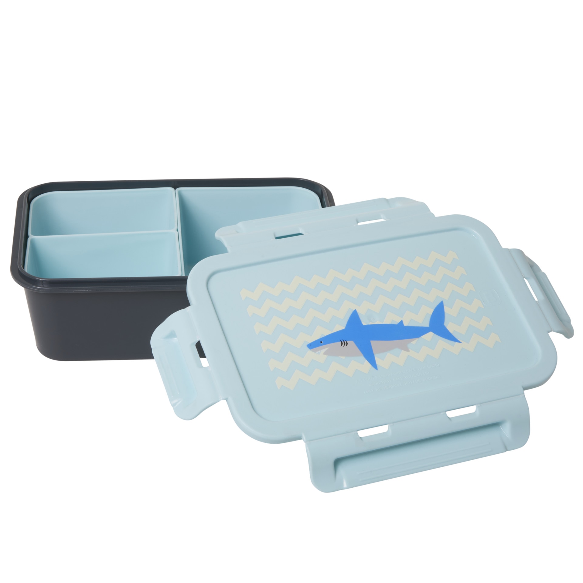Cutie de pranz cu 3 compartimente Rice, model rechin, albastru, 7,5x15x21cm