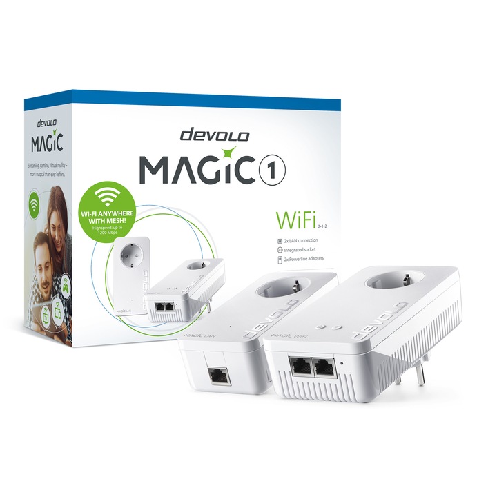 Set cu 2 adaptoare Powerline, devolo Magic 1 WiFi Starter Kit, 1200 Mbps, Mesh WiFi, Power Line, Access Point, 2x Ethernet Port, alb