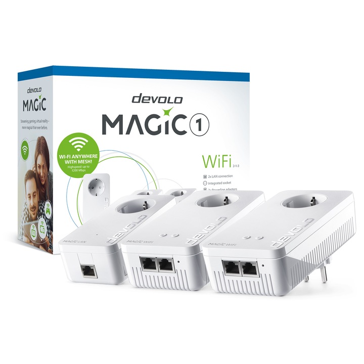 Set cu 3 adaptoare Powerline, devolo Magic 1 WiFi Network Kit, 1200 Mbps, Mesh WiFi, Power Line, Access Point, 4x Ethernet Port, alb