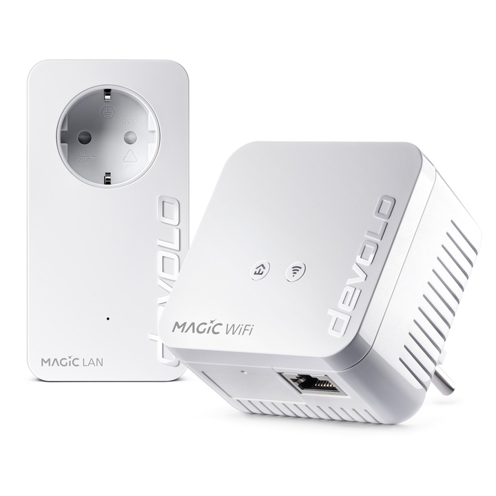 Set cu 2 adaptoare Powerline, devolo Magic 1 WiFi mini Starter Kit, 1200 Mbps, Mesh WiFi, Power Line, Access Point, 2x Ethernet Port, alb