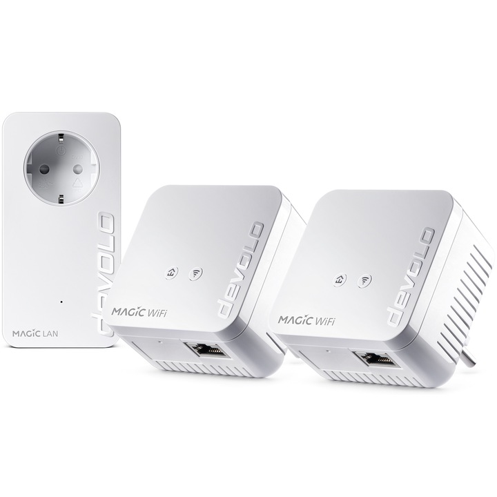 Set cu 3 adaptoare Powerline, devolo Magic 1 WiFi mini Network Kit, 1200 Mbps, Mesh WiFi, Power Line, Access Point, 4x Ethernet Port, alb