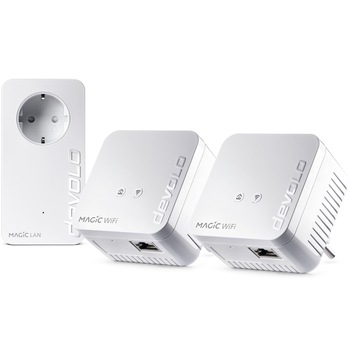 Set cu 3 adaptoare Powerline, devolo Magic 1 WiFi mini Network Kit, 1200 Mbps, Mesh WiFi, Power Line, Access Point, 4x Ethernet Port, alb Set cu 3 adaptoare Powerline, devolo Magic 1 WiFi mini Network Kit, 1200 Mbps, Mesh WiFi, Power Line, Access Point, 4x Ethernet Port, alb